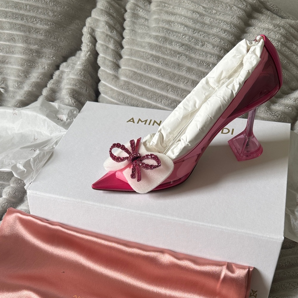 Amina Muaddi Fuchsia and White Bow Heels